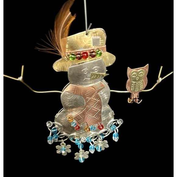 Holiday Metal Art Bronze Nickel & Copper Beaded Wire Snowman Christmas Ornament - Picture 2 of 9